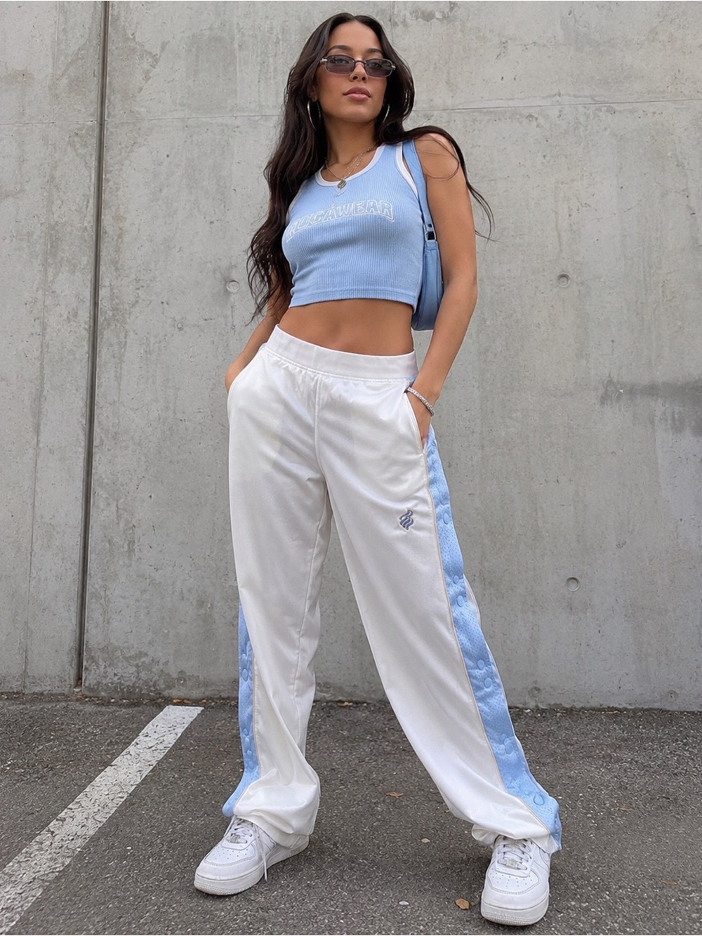 Authentic Rocawear Size L Vintage Nylon Snap Button Pants - White/Blue